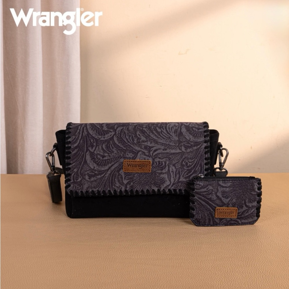Wrangler Vintage Floral Printed Crossbody Bag with Small Pouch- Black